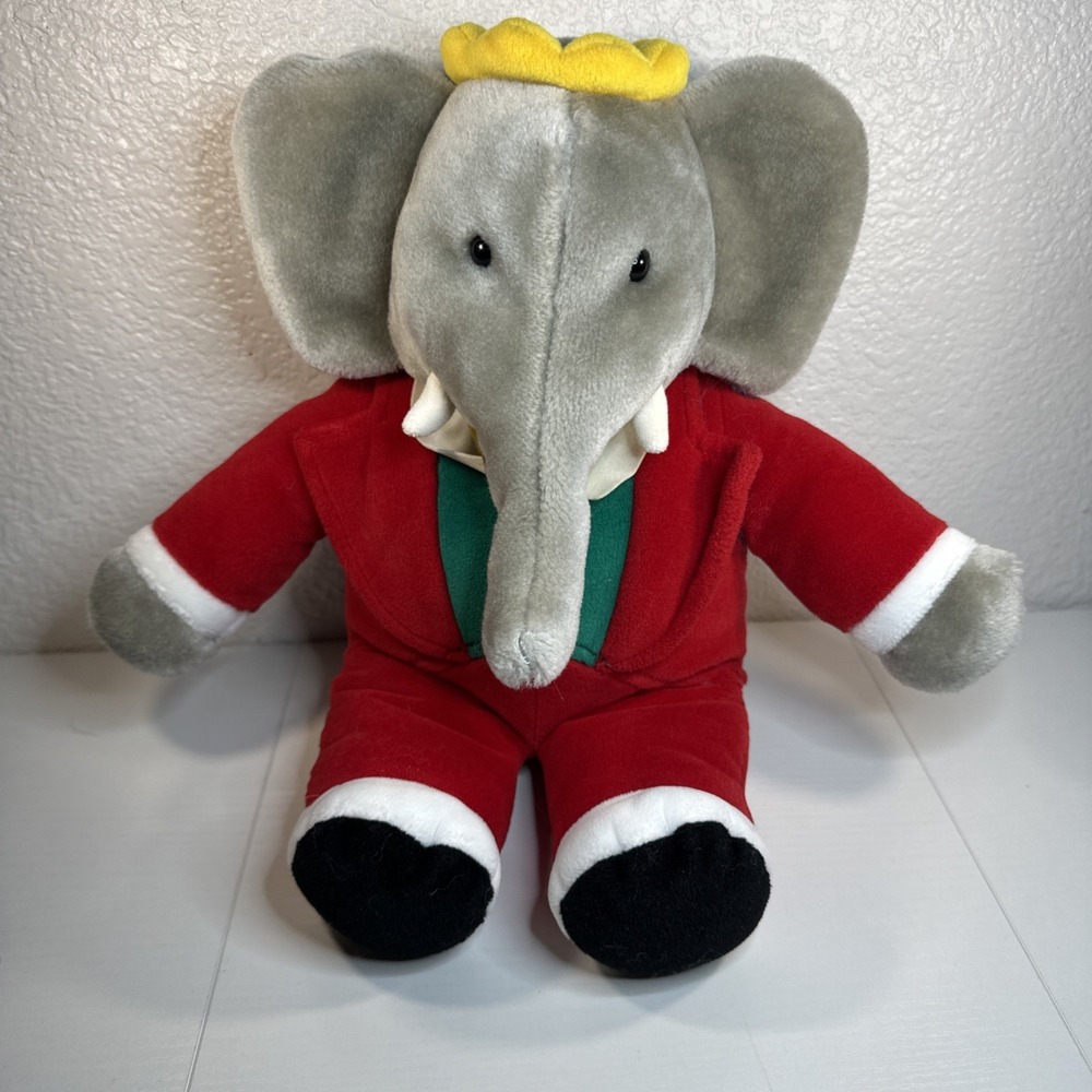 Vintage GUND Babar the Elephant Plush 1988 Red Suit and Crown Stuffed Animal 14"